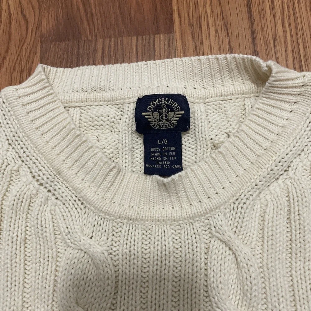 Dockers Sweater Mens Large Cable Knit Fisherman Crew Neck Ivory Vintage 90s